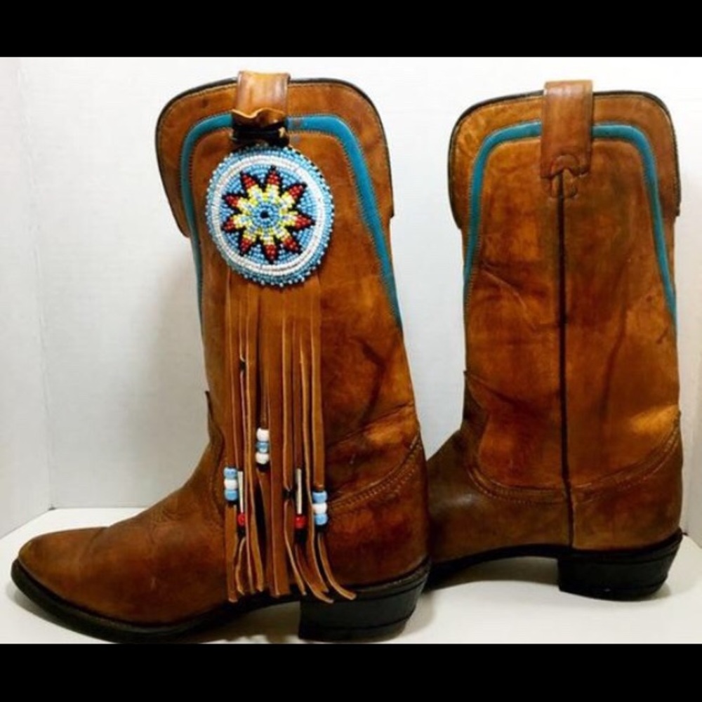 Tan Texas Cowgirl Boots with beads and fringe - Picture 3 of 6